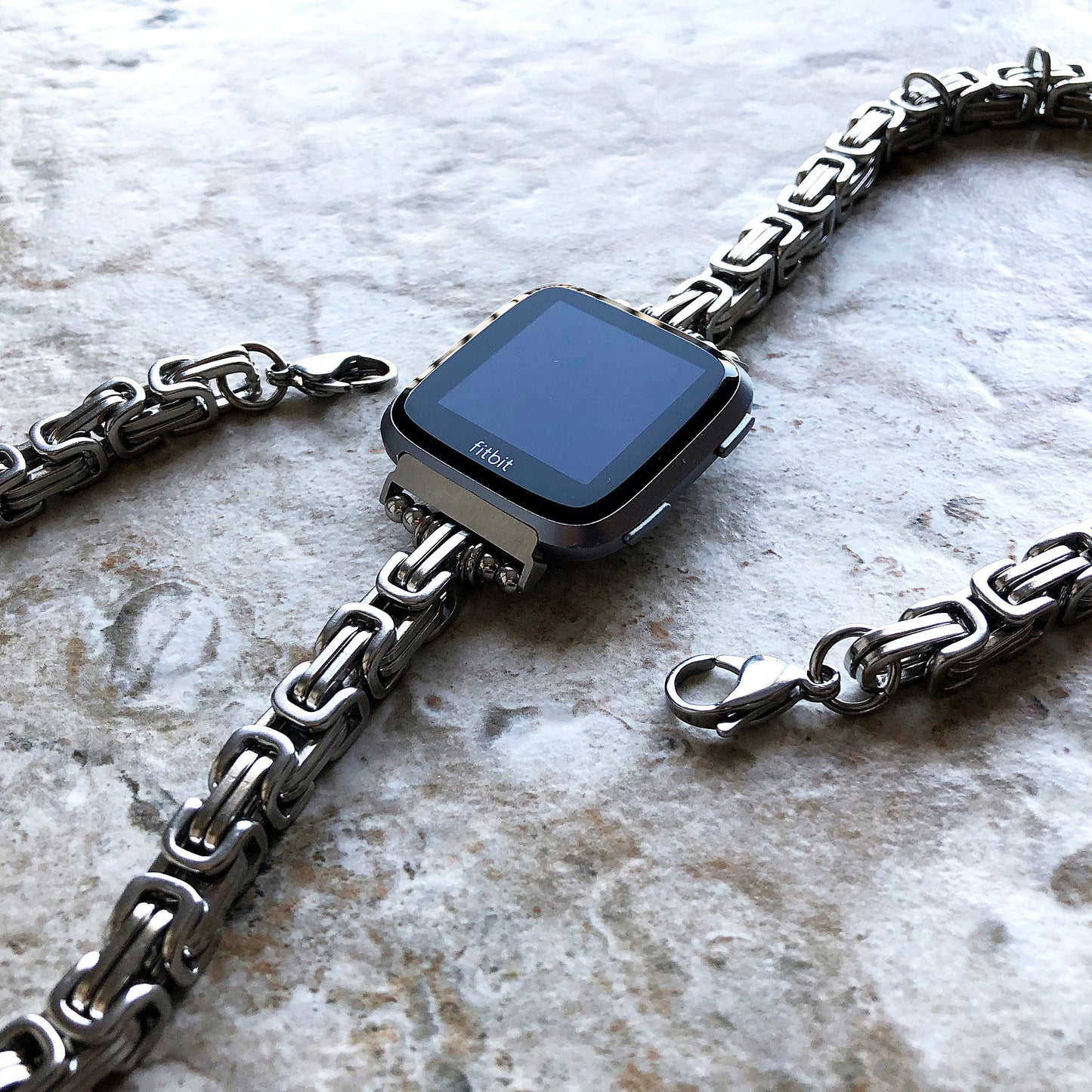 Fitbit Versa 2 3 4 Sense 2 Handmade Bracelet Band Byzantine Chain 8mm Triple Around Wrist Style Tarnish Resistant Silver Stainless Steel