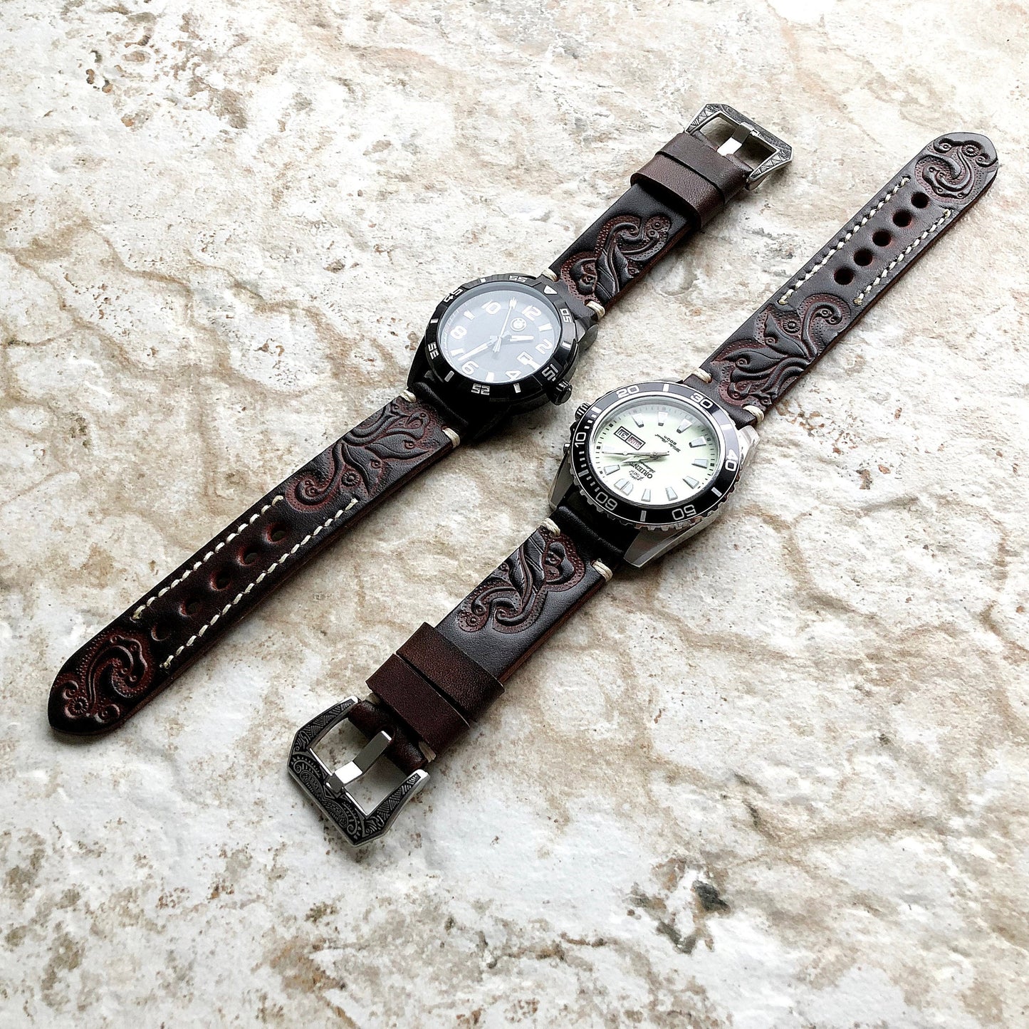 Garmin Dark Brown Leather Band for Forerunner 265S 255S Vivoactive 4S Vivomove 3S Captain Marvel Rey Tooled Embossed Handmade -B18