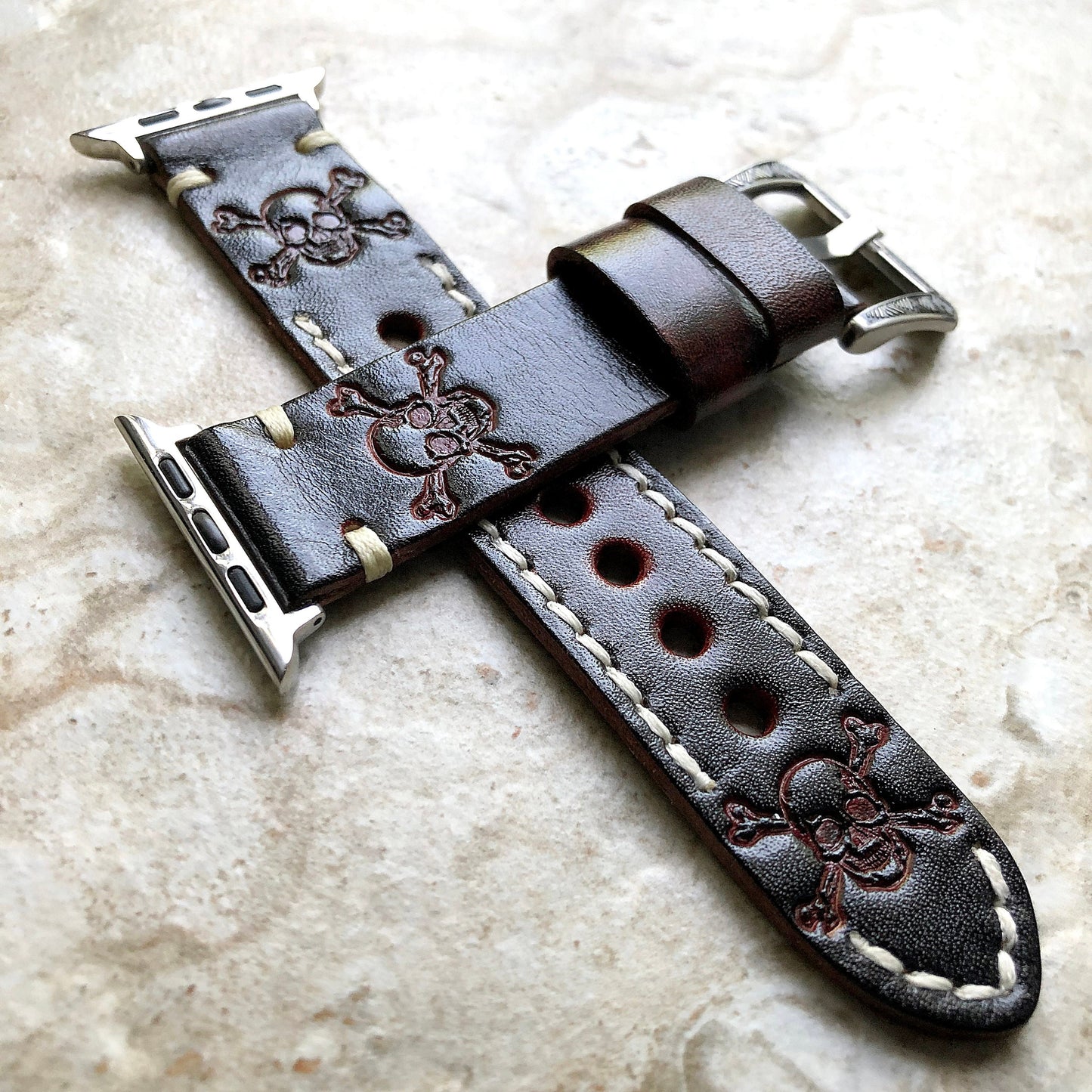 Apple Watch Band Dark Brown Skull Crossbones for iWatch Ultra 2 49mm and 9 8 Series 41mm 45mm Case Tooled Embossed Leather Strap Bracelet