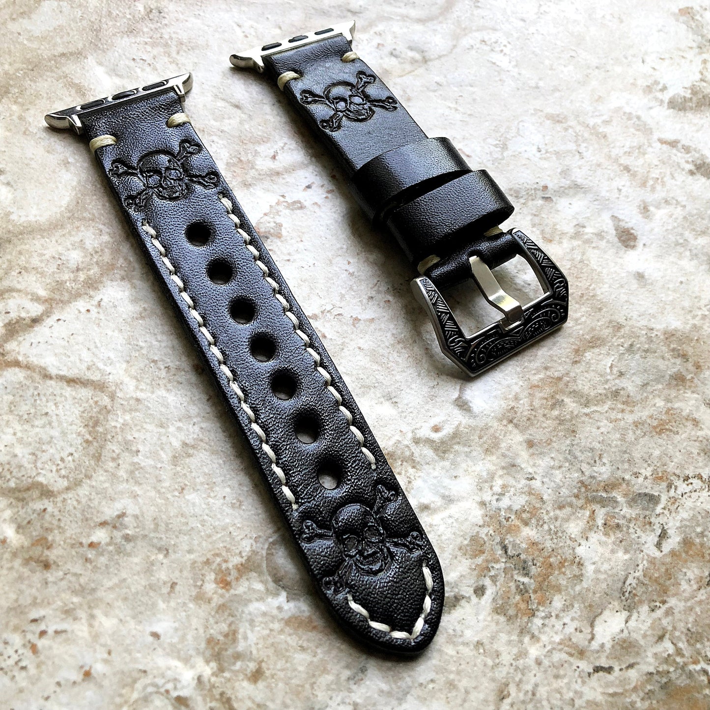 Apple Watch Band Black Leather Skull Crossbones for Ultra 2 and 9 8 Series iWatch 41mm 45mm 49mm Tooled Embossed Handmade Strap Bracelet