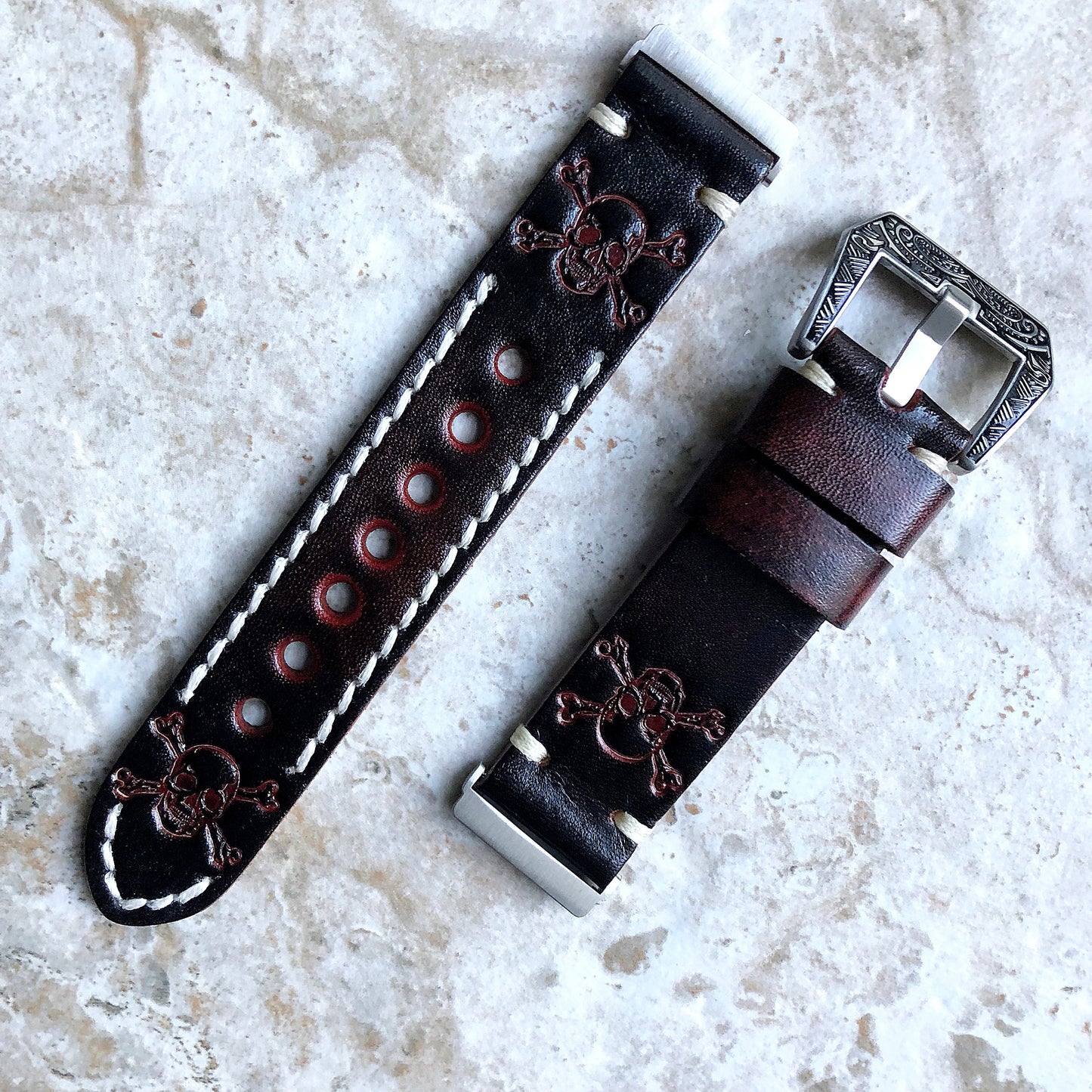 Fitbit Versa 2 3 4 Sense 2 Band Dark Brown Skull Crossbones Embossed Leather Bracelet Watch Strap Quick Release Silver Rose Gold Black