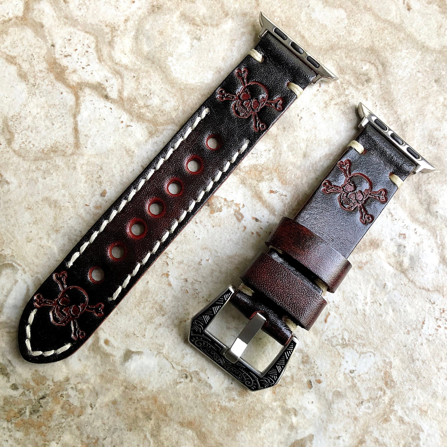 Apple Watch Band Dark Brown Skull Crossbones for iWatch Ultra 2 49mm and 9 8 Series 41mm 45mm Case Tooled Embossed Leather Strap Bracelet