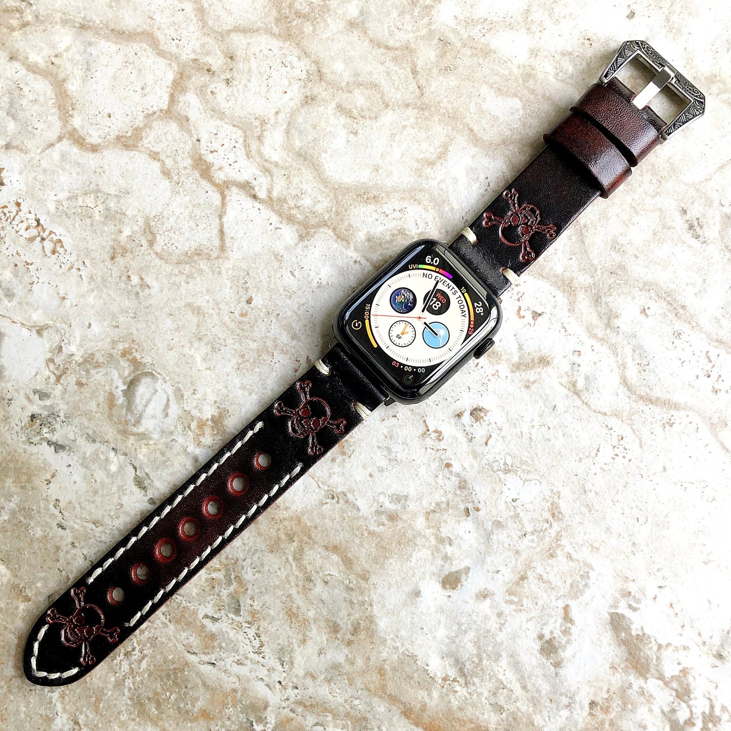 Apple Watch Band Dark Brown Skull Crossbones for iWatch Ultra 2 49mm and 9 8 Series 41mm 45mm Case Tooled Embossed Leather Strap Bracelet