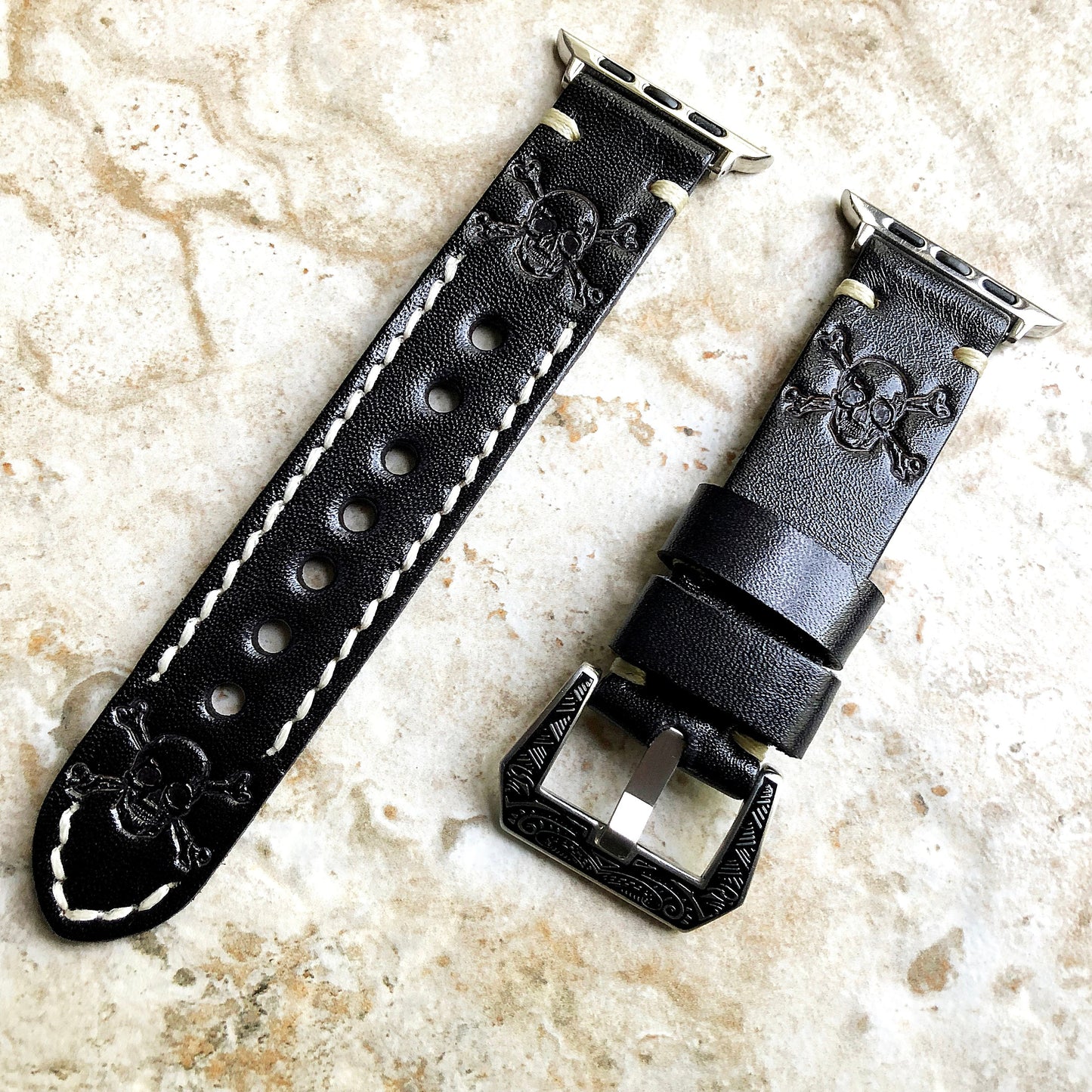 Apple Watch Band Black Leather Skull Crossbones for Ultra 2 and 9 8 Series iWatch 41mm 45mm 49mm Tooled Embossed Handmade Strap Bracelet