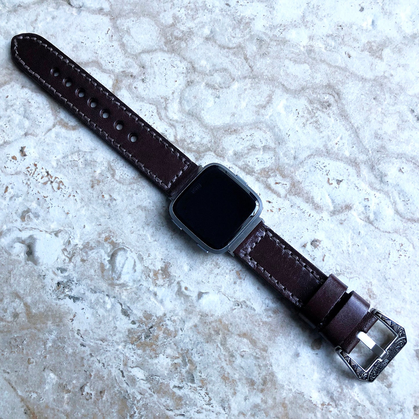 Fitbit Versa 2 3 4 Sense 2 Dark Brown Band Fully Stitched Handmade Thick Leather Strap Bracelet Watch Quick Release Silver Rose Gold Black