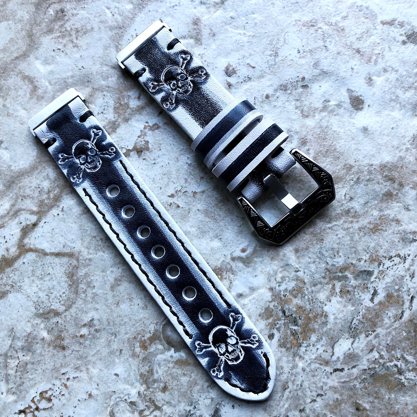 Fitbit Versa 2 3 4 Sense 2 Lite Band White Black Skull Crossbones Embossed Leather Bracelet Watch Strap Quick Release Silver Rose Gold Black