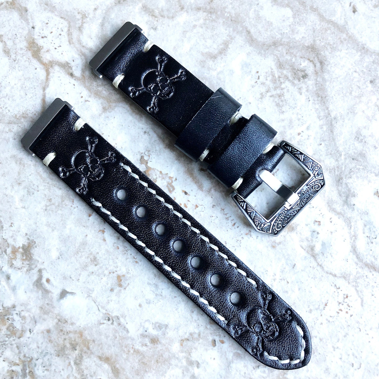 Fitbit Versa 2 3 4 Sense 2 Band Black Skull Crossbones Tooled Embossed Leather Bracelet Watch Strap Quick Release Silver Rose Gold Black