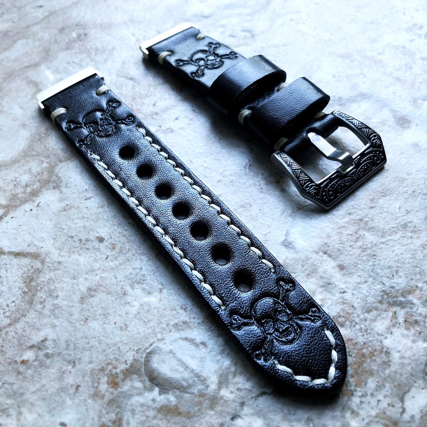 Fitbit Versa 2 3 4 Sense 2 Band Black Skull Crossbones Tooled Embossed Leather Bracelet Watch Strap Quick Release Silver Rose Gold Black