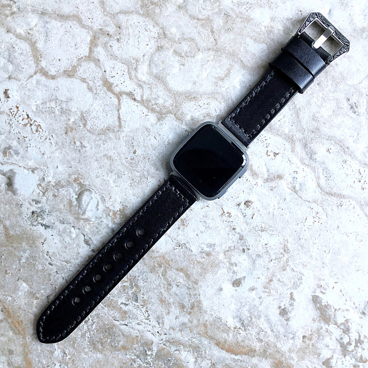 Fitbit Versa 2 3 4 Sense 2 Black Band Fully Stitched Handmade Thick Leather Strap Bracelet Watch Quick Release Silver Rose Gold Black