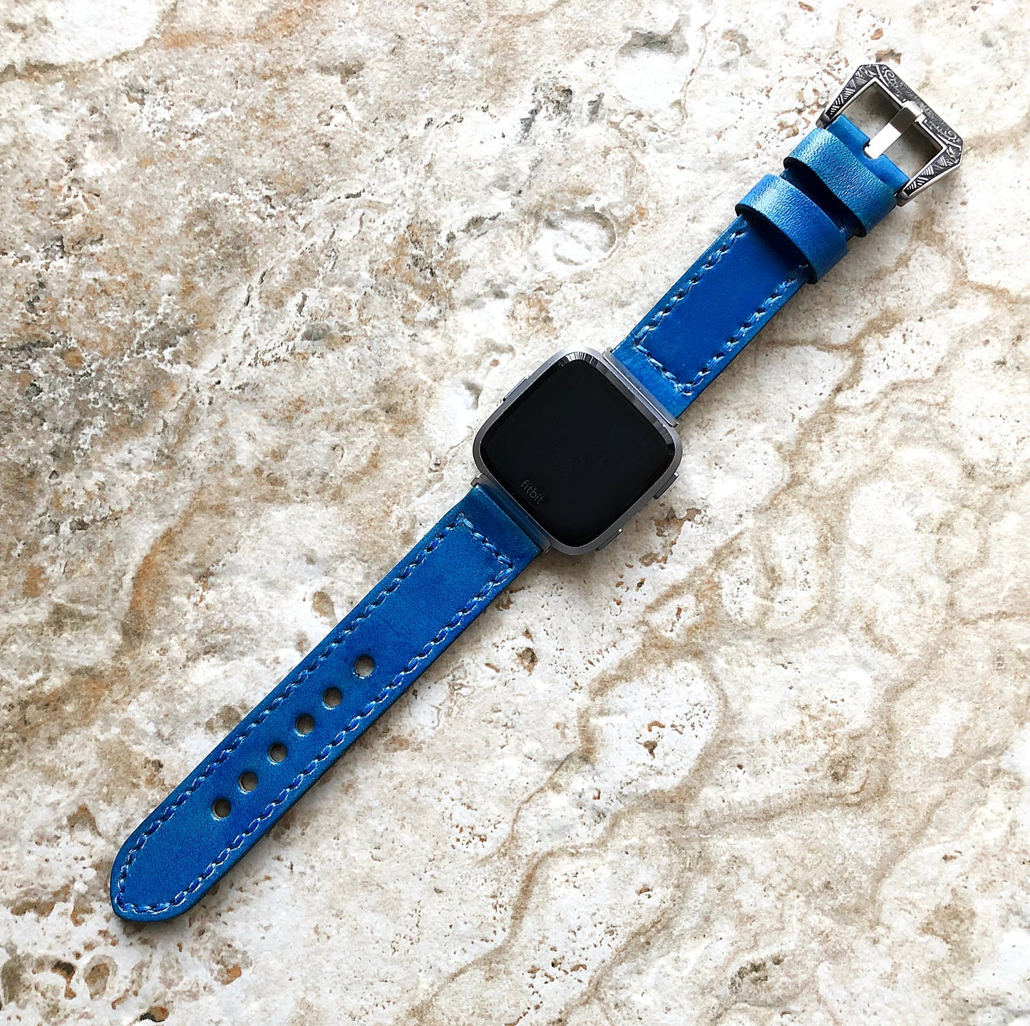 Blue Brushed Band 22mm 24mm 25mm Compatible with Apple Watch Fitbit Versa 2 3 4 Sense 2 Ionic Double Sided Stitched Real Leather Strap