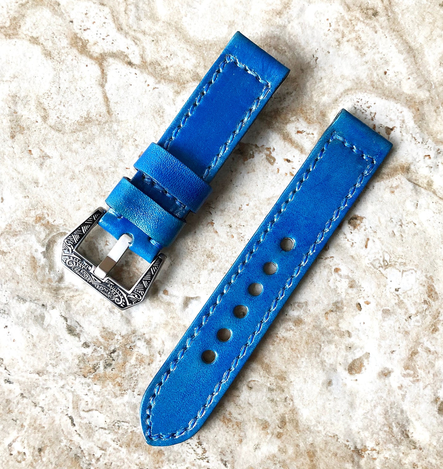 Blue Brushed Band 22mm 24mm 25mm Compatible with Apple Watch Fitbit Versa 2 3 4 Sense 2 Ionic Double Sided Stitched Real Leather Strap
