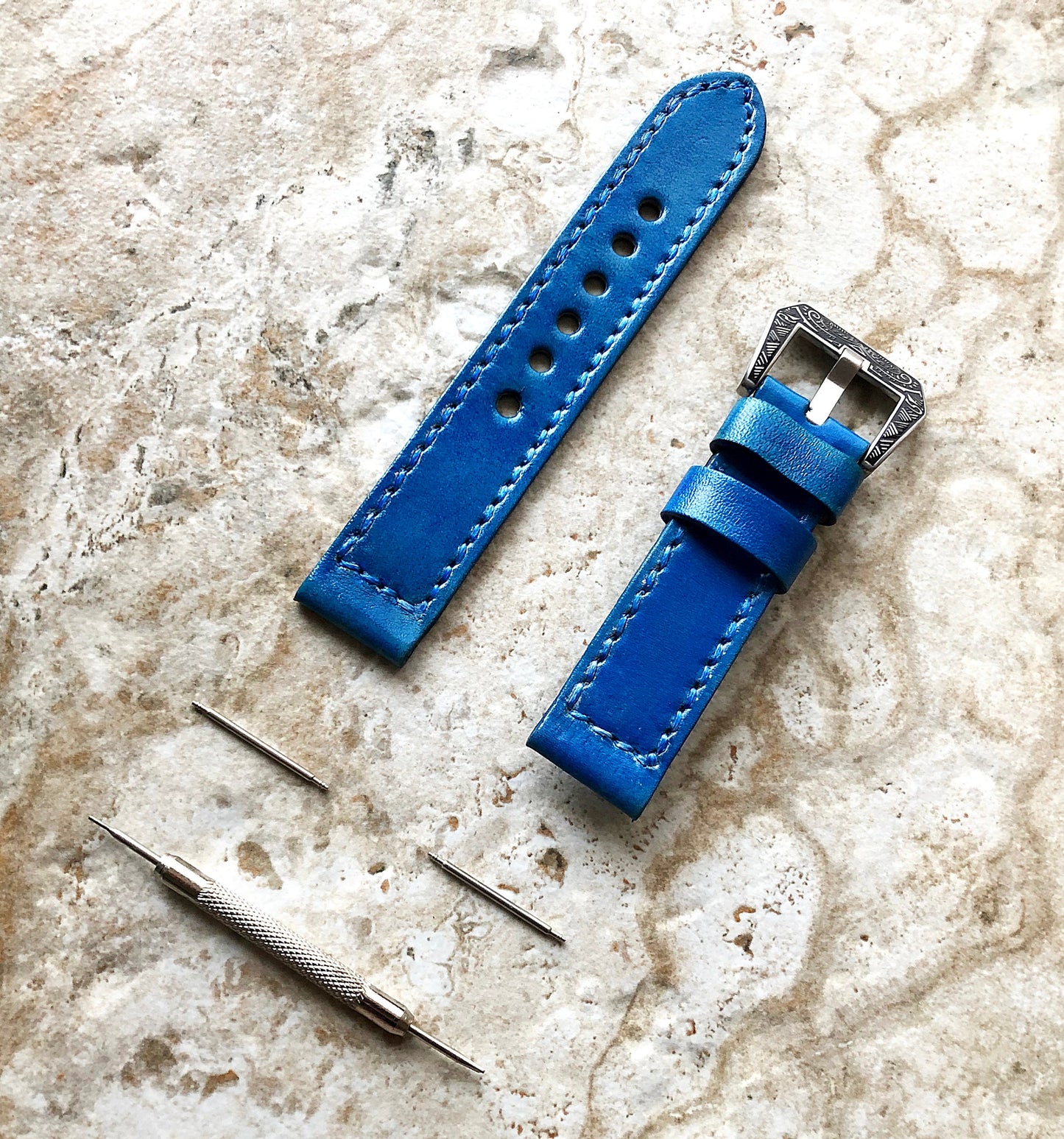 Blue Brushed Band 22mm 24mm 25mm Compatible with Apple Watch Fitbit Versa 2 3 4 Sense 2 Ionic Double Sided Stitched Real Leather Strap