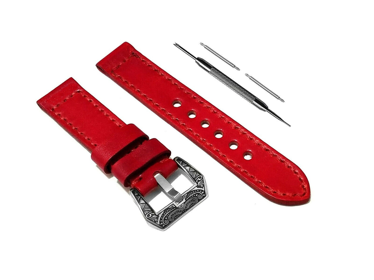 Red Brushed Color Band 18mm 19mm 20mm 21mm 22mm 23mm 24mm 25mm Width Double Sided Stitched Leather Watch Strap for Watches -Pins Buckle Tool