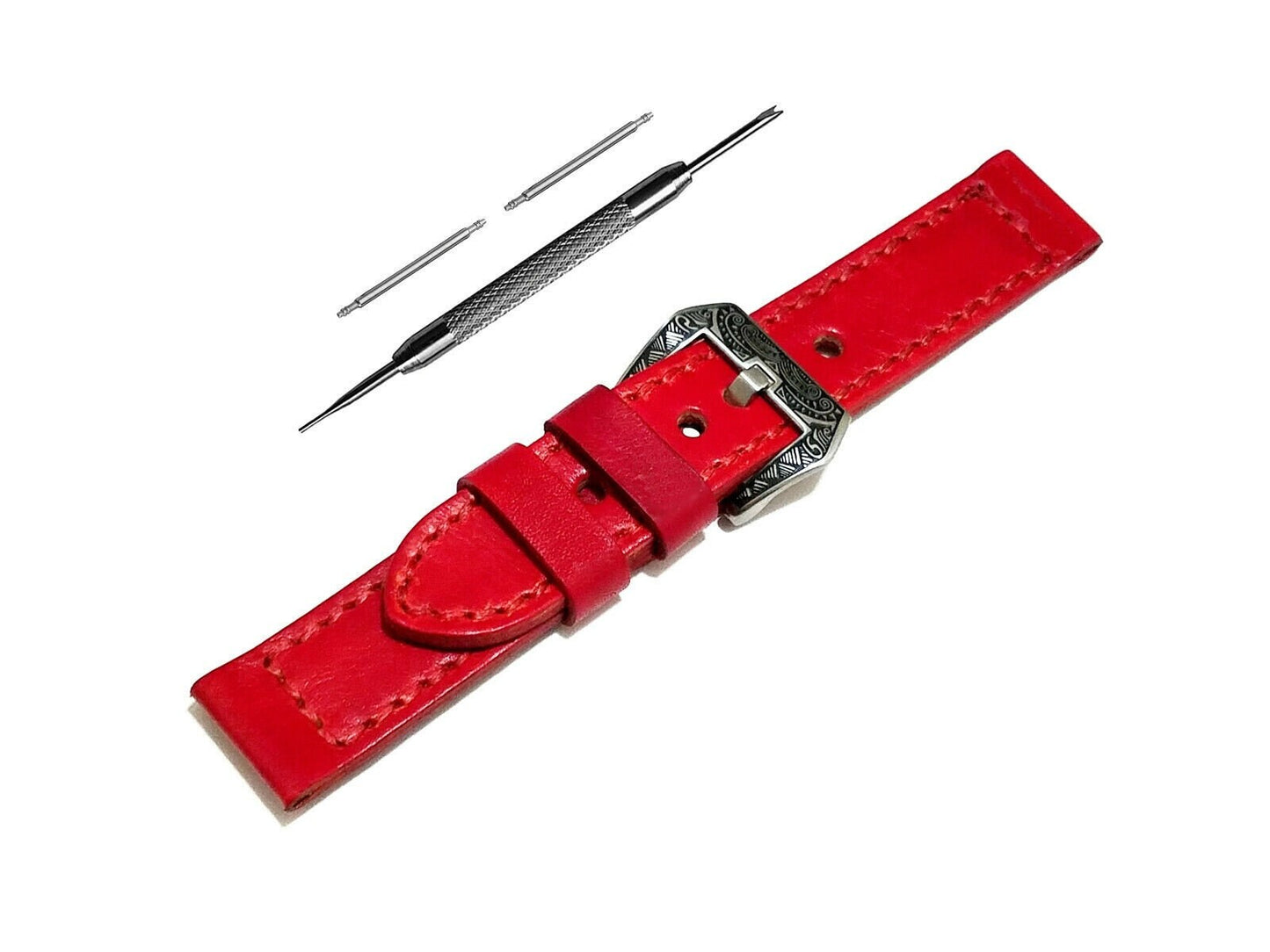 Red Brushed Color Band 18mm 19mm 20mm 21mm 22mm 23mm 24mm 25mm Width Double Sided Stitched Leather Watch Strap for Watches -Pins Buckle Tool