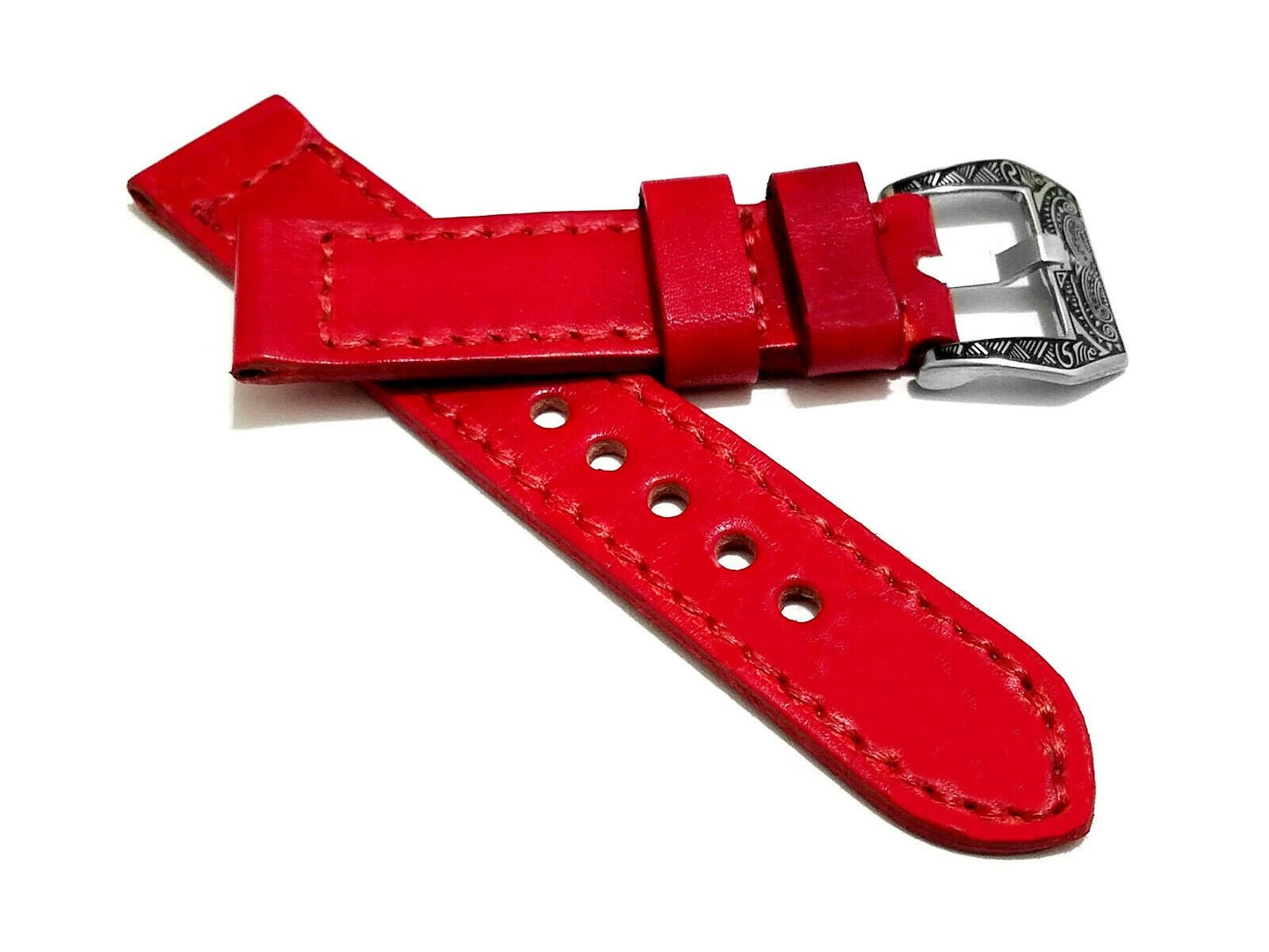Red Brushed Color Band 18mm 19mm 20mm 21mm 22mm 23mm 24mm 25mm Width Double Sided Stitched Leather Watch Strap for Watches -Pins Buckle Tool