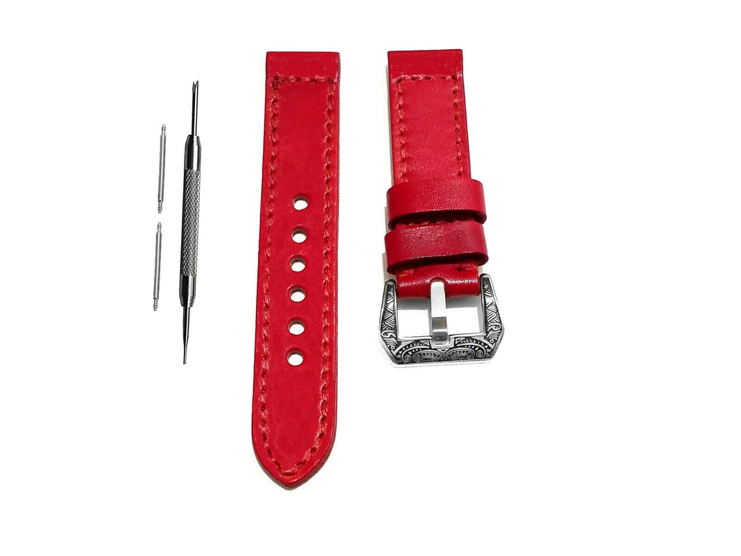 Red Brushed Color Band 18mm 19mm 20mm 21mm 22mm 23mm 24mm 25mm Width Double Sided Stitched Leather Watch Strap for Watches -Pins Buckle Tool