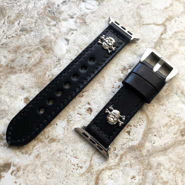 Apple Watch Band Black Leather Metal Rivets Skull Crossbones for Ultra 2 and 9 8 Series iWatch 41mm 45mm 49mm Handmade Bracelet Strap SSM