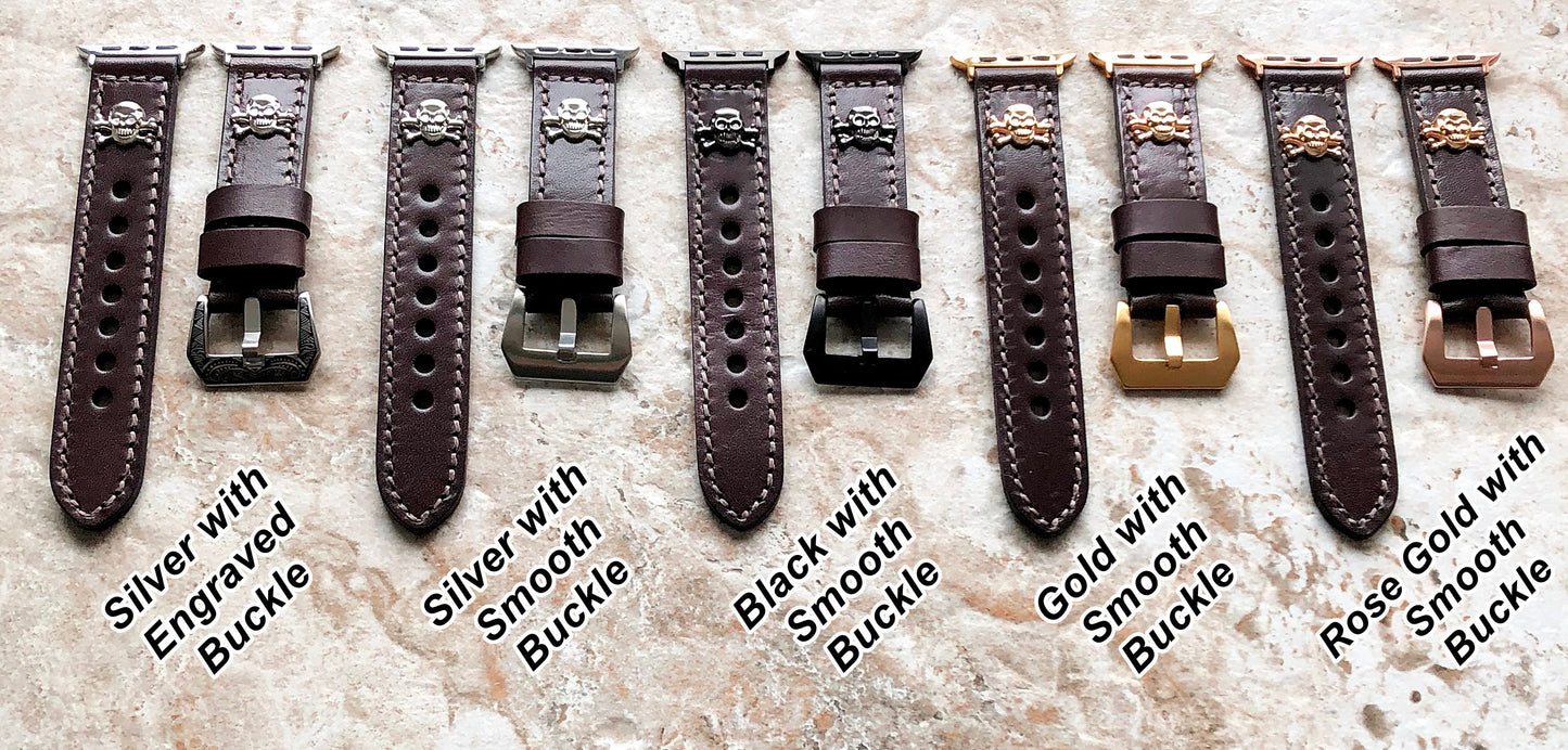 Apple Watch Band Brown Leather Metal Rivets Skull Crossbones for Ultra 2 9 8 7 6 SE 5 4 3 2 1 iWatch 38mm 40mm 41mm 42mm 44mm 45mm 49mm RGL