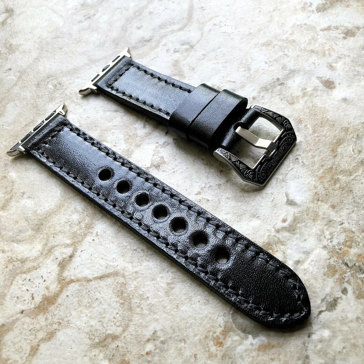 Black Band 22mm 24mm 25mm Leather Handmade Strap Compatible with Apple Watch Ultra 2 9 8 7 SE 6 5 4 3 2 1 Fitbit Versa 2 3 4 Sense 2 Ionic