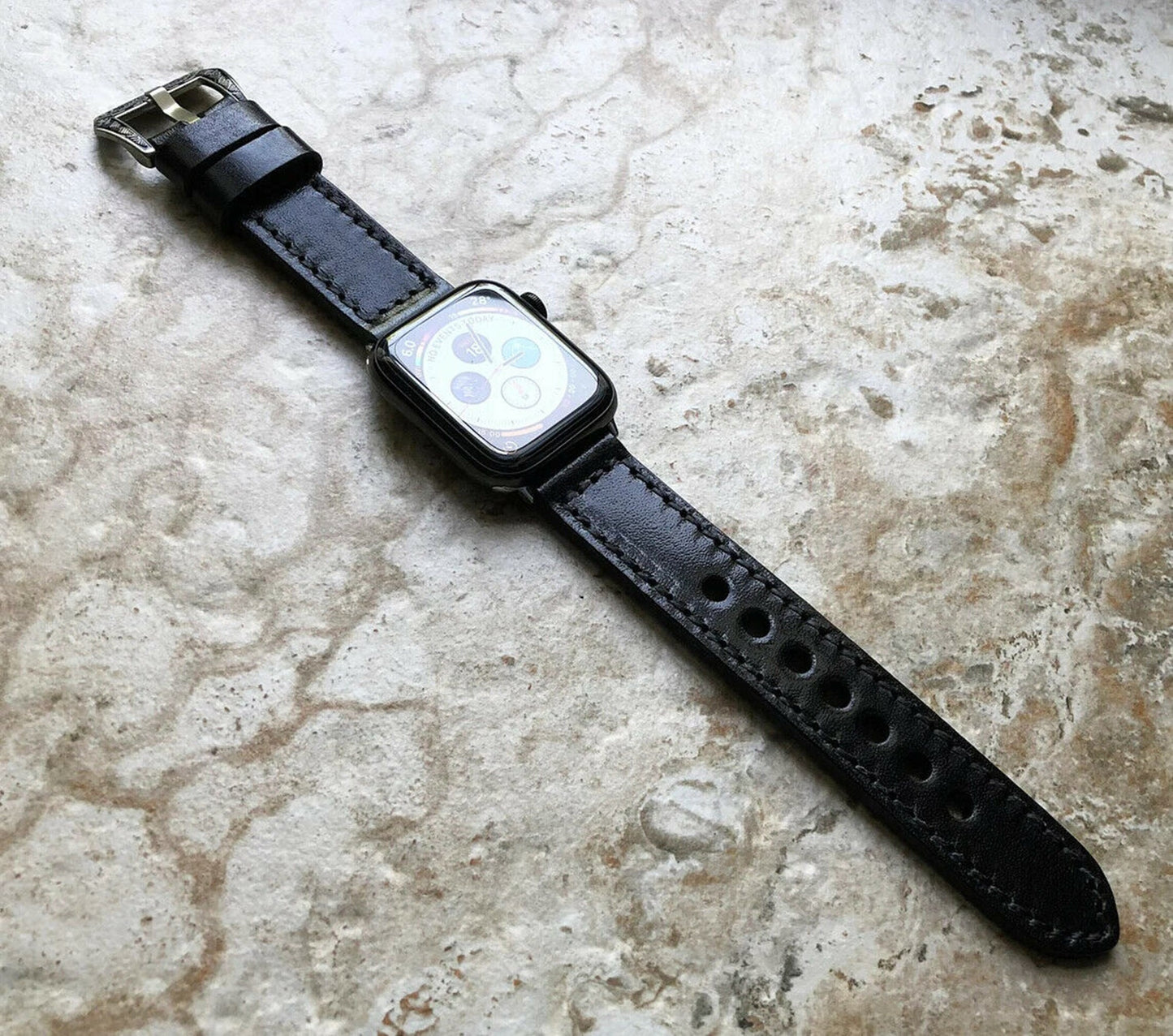 Black Band 22mm 24mm 25mm Leather Handmade Strap Compatible with Apple Watch Ultra 2 9 8 7 SE 6 5 4 3 2 1 Fitbit Versa 2 3 4 Sense 2 Ionic