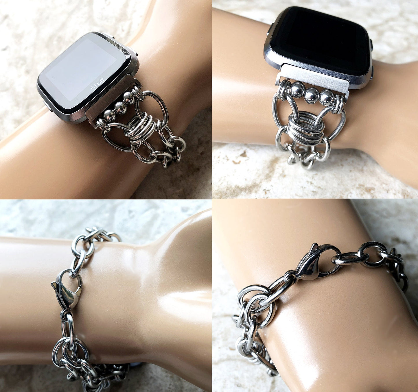 Fitbit Versa 2 3 4 Sense 2 Silver Color Stainless Steel Bracelet for Smartwatch Fitness Tracker Band Chain Links Handmade Jewelry New Unique