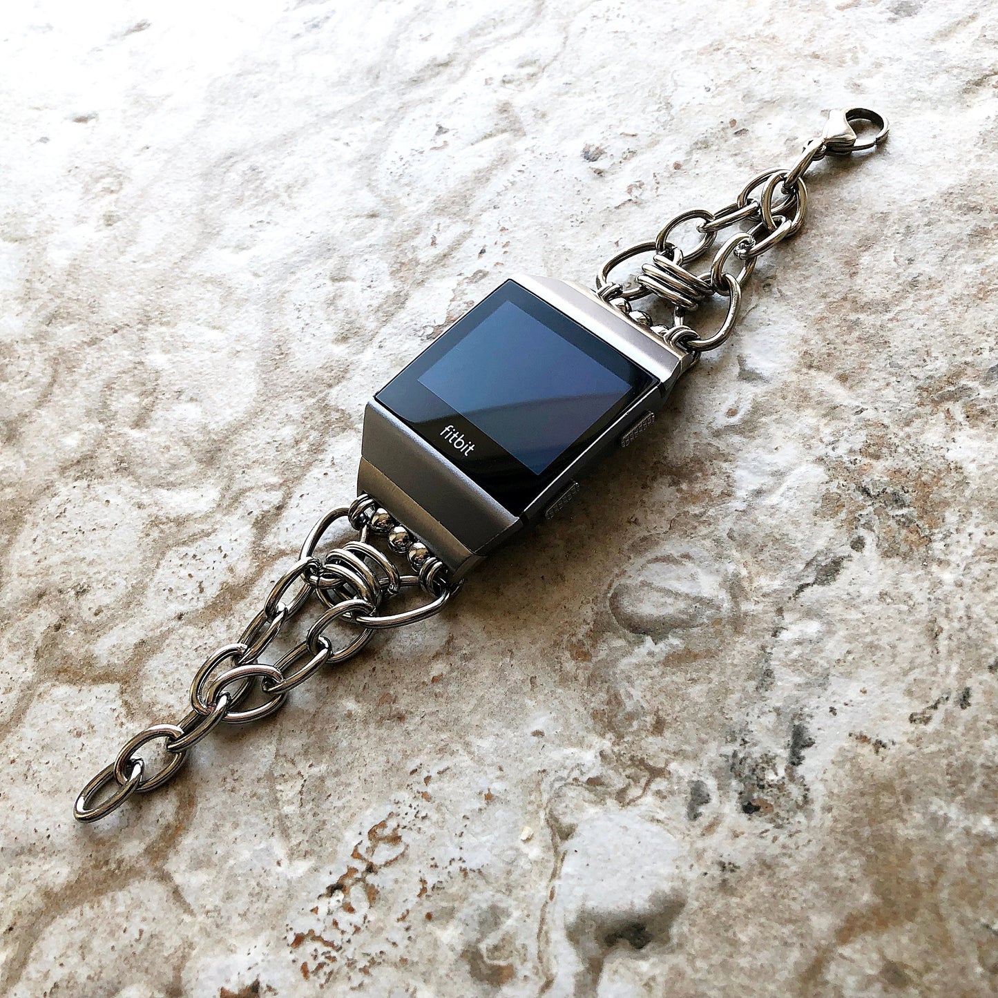 Fitbit Ionic Smartwatch Fitness Tracker Silver Color Adjustable Bracelet Band Stainless Steel Chain Links Handmade Unique Jewelry