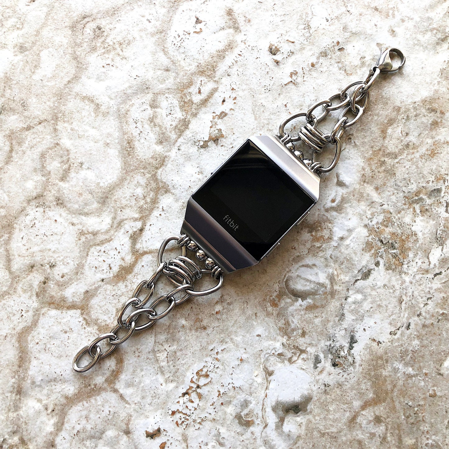 Fitbit Ionic Smartwatch Fitness Tracker Silver Color Adjustable Bracelet Band Stainless Steel Chain Links Handmade Unique Jewelry