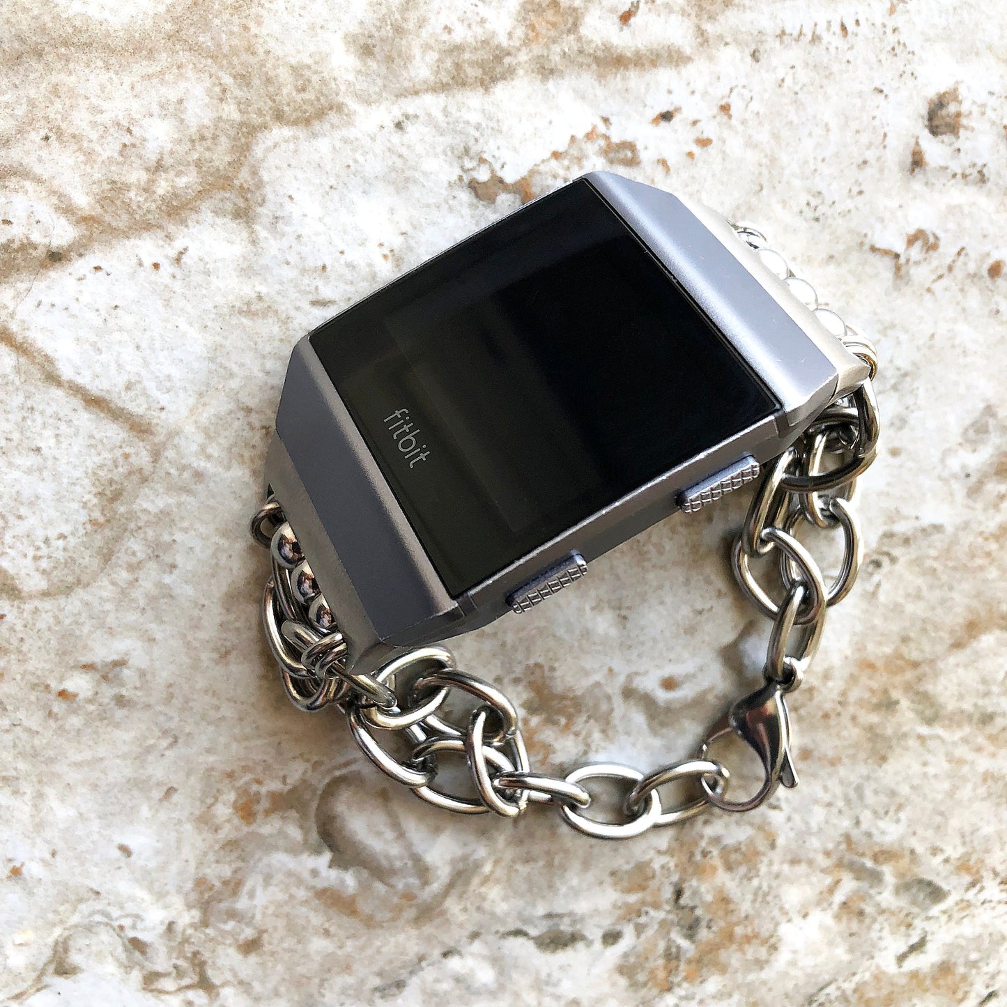 Fitbit Ionic Smartwatch Fitness Tracker Silver Color Adjustable Bracelet Band Stainless Steel Chain Links Handmade Unique Jewelry