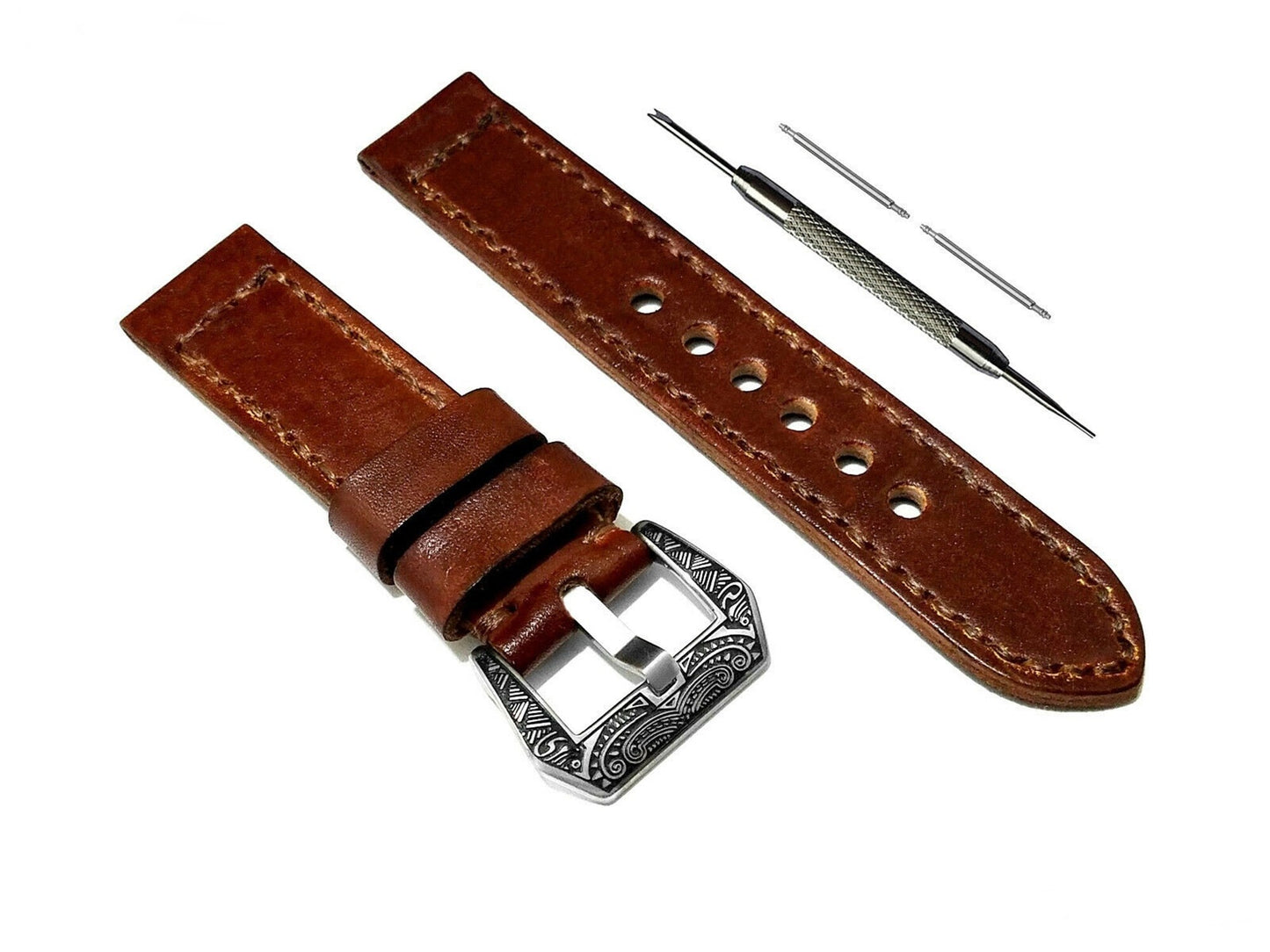 Samsung Dark Brown Band for Galaxy Watch Active 2 40mm 42mm 44mm Premium Leather with Stitches Bracelet Cuff Wristband Strap Pins and Tool