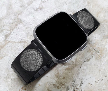 Engraved Watch Band Compatible with Fitbit Versa Lite 2 3 4 and Sense 2 Smartwatches Black Color Stainless Steel Bracelet Strap CC3