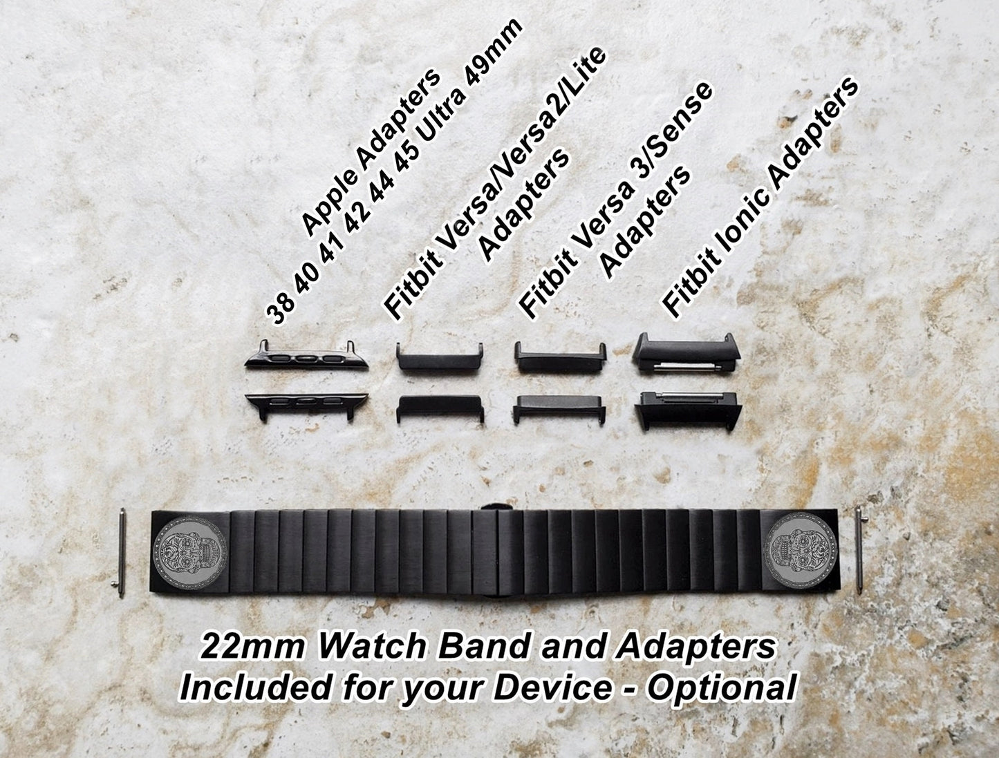 Engraved Watch Band Compatible for Apple Fitbit Samsung Garmin Smartwatches and 22mm Traditional Watches Black Stainless Steel Strap SS2