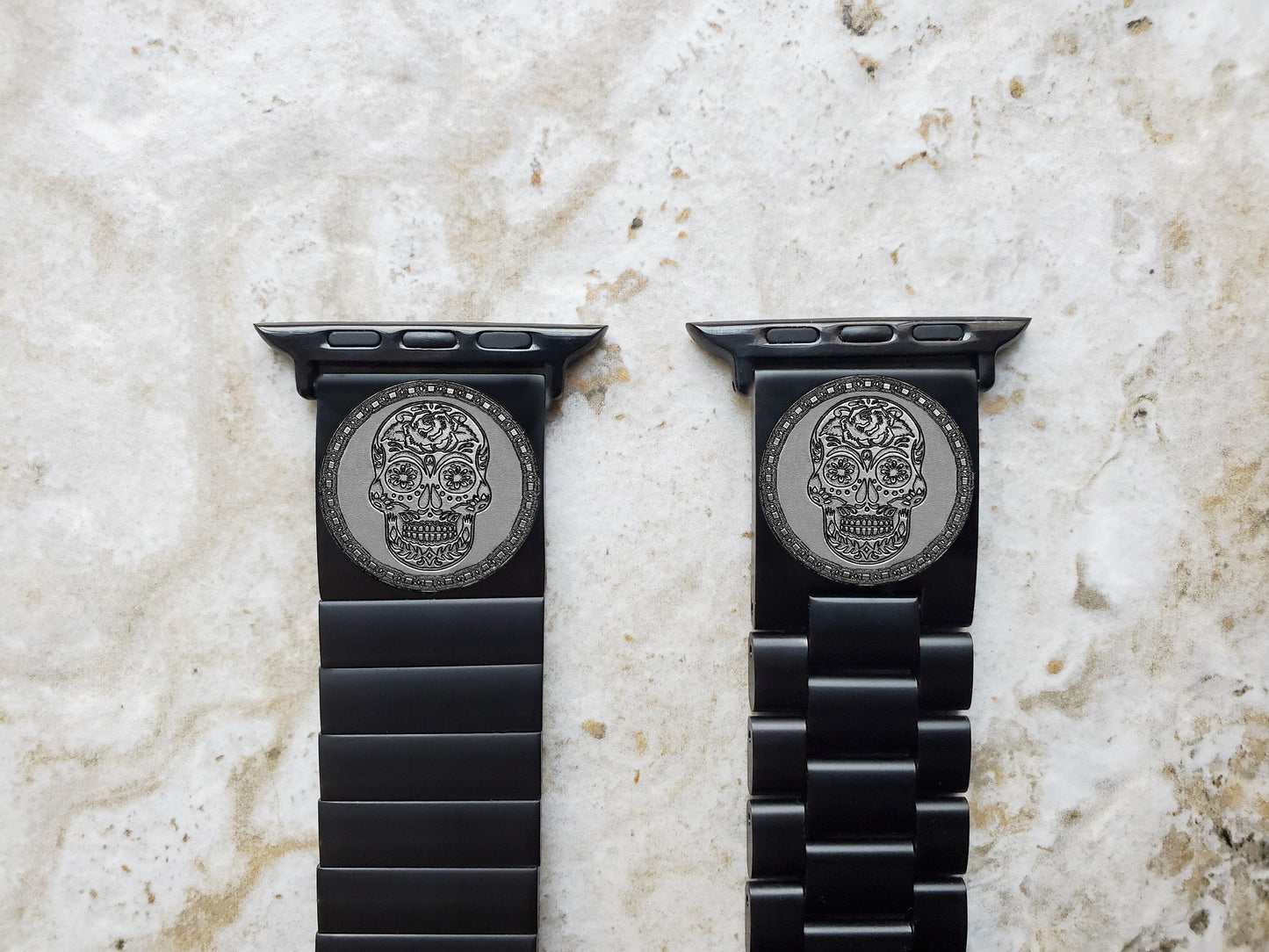 Engraved Watch Band Compatible for Apple Fitbit Samsung Garmin Smartwatches and 22mm Traditional Watches Black Stainless Steel Strap SS2