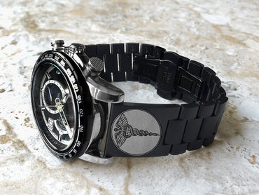 Engraved Watch Band for 22mm Width Lugs Traditional Casual Luxury and Smartwatches Black Color Stainless Steel Bracelet Strap MS1