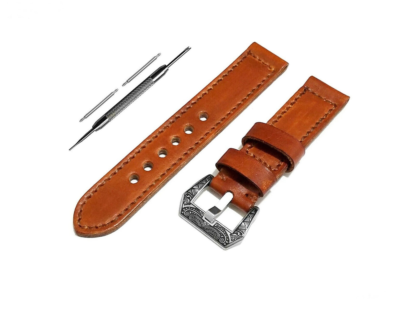 Brown 22mm 24mm Width Handmade Double Sided Stitched Premium Genuine Leather Watch Band Strap Kit for Watches - Pins Buckle Tool