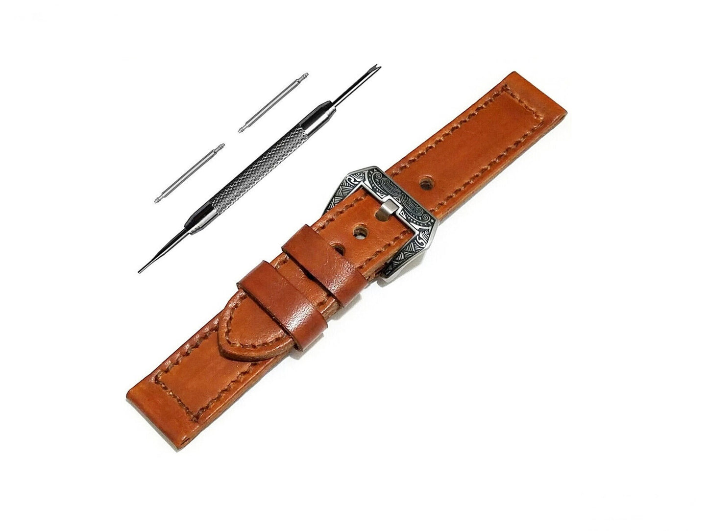 Brown 22mm 24mm Width Handmade Double Sided Stitched Premium Genuine Leather Watch Band Strap Kit for Watches - Pins Buckle Tool