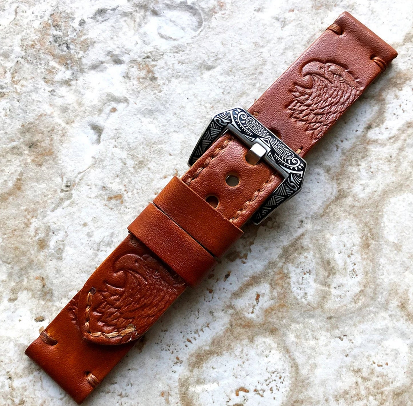 Limited Brown Eagle Head R Band 22mm 24mm 25mm Compatible with Apple Watch Fitbit Versa 2 3 4 Sense 2 Ionic Embossed Real Leather Strap