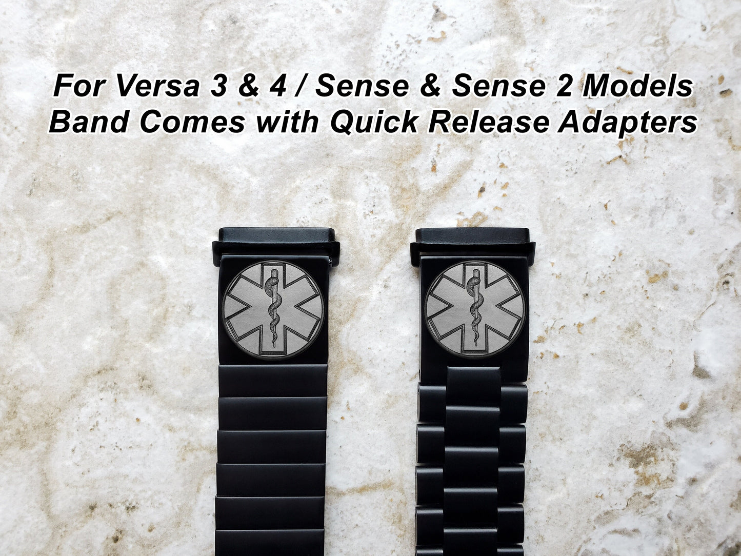 Engraved Watch Band Compatible with Fitbit Versa Lite 2 3 4 and Sense 2 Smartwatches Black Color Stainless Steel Bracelet Strap MS2