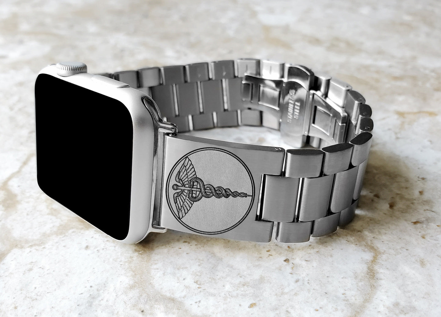 Apple Watch Band Caduceus Medical Symbol MD Doctor Nurse RNs for Ultra 2 49mm 9 8 Series 41mm 45mm Silver St Steel Tooled Strap Bracelet MS1