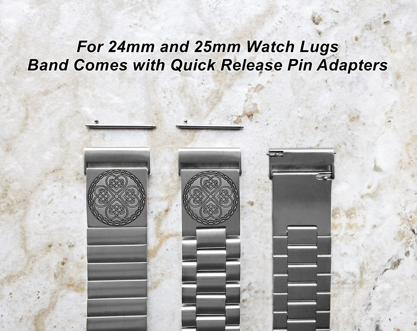 Engraved Watch Band for 22mm 24mm 25mm Lugs Traditional Casual Luxury and Smartwatches Silver Color Stainless Steel Bracelet Strap CC3