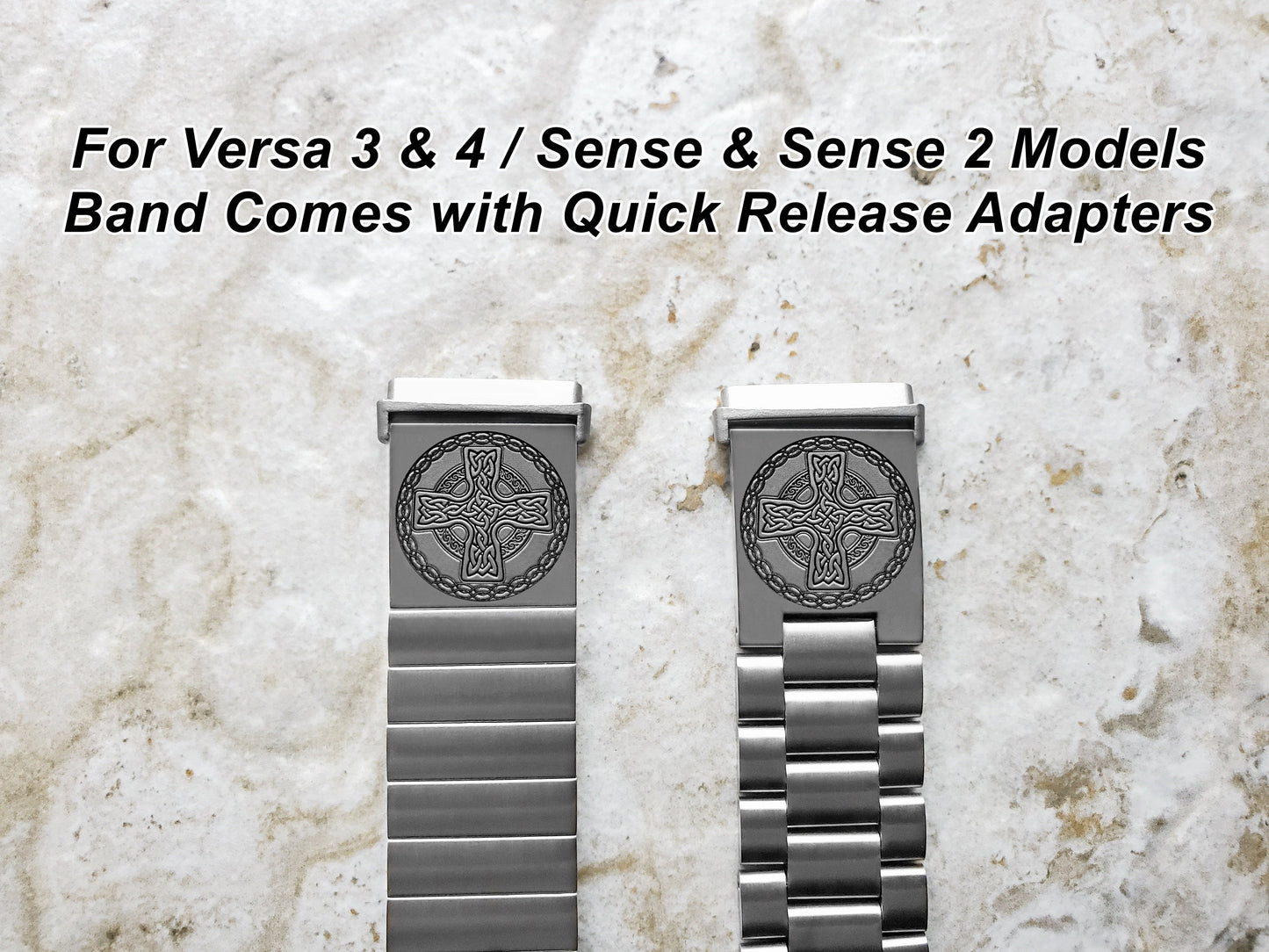 Engraved Watch Band Compatible with Fitbit Versa Lite 2 3 4 and Sense 2 Smartwatches Silver Color Stainless Steel Strap Bracelet CC2