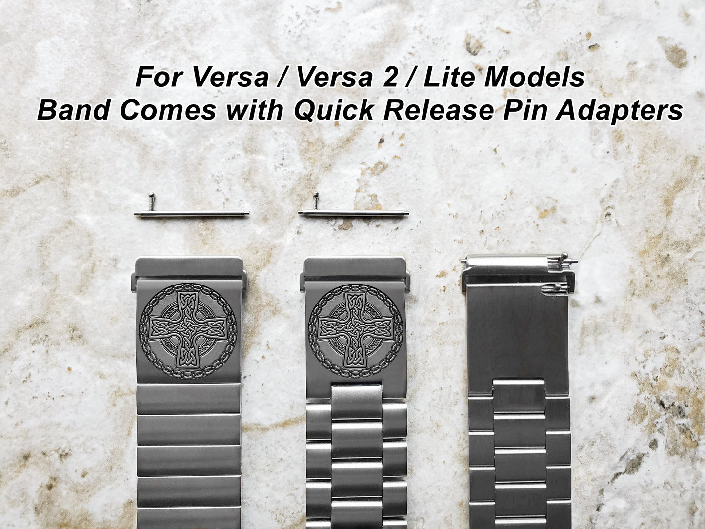 Engraved Watch Band Compatible with Fitbit Versa Lite 2 3 4 and Sense 2 Smartwatches Silver Color Stainless Steel Strap Bracelet CC2