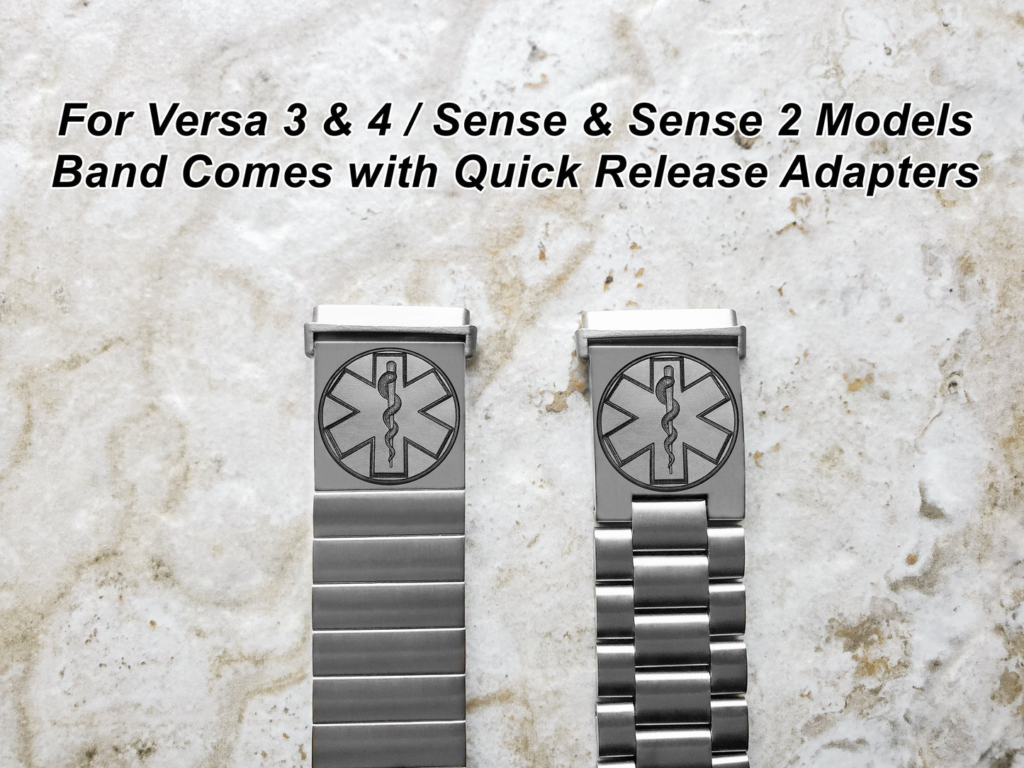 Engraved Watch Band Compatible with Fitbit Versa Lite 2 3 4 and Sense 2 Smartwatches Silver Color Stainless Steel Bracelet Strap MS2