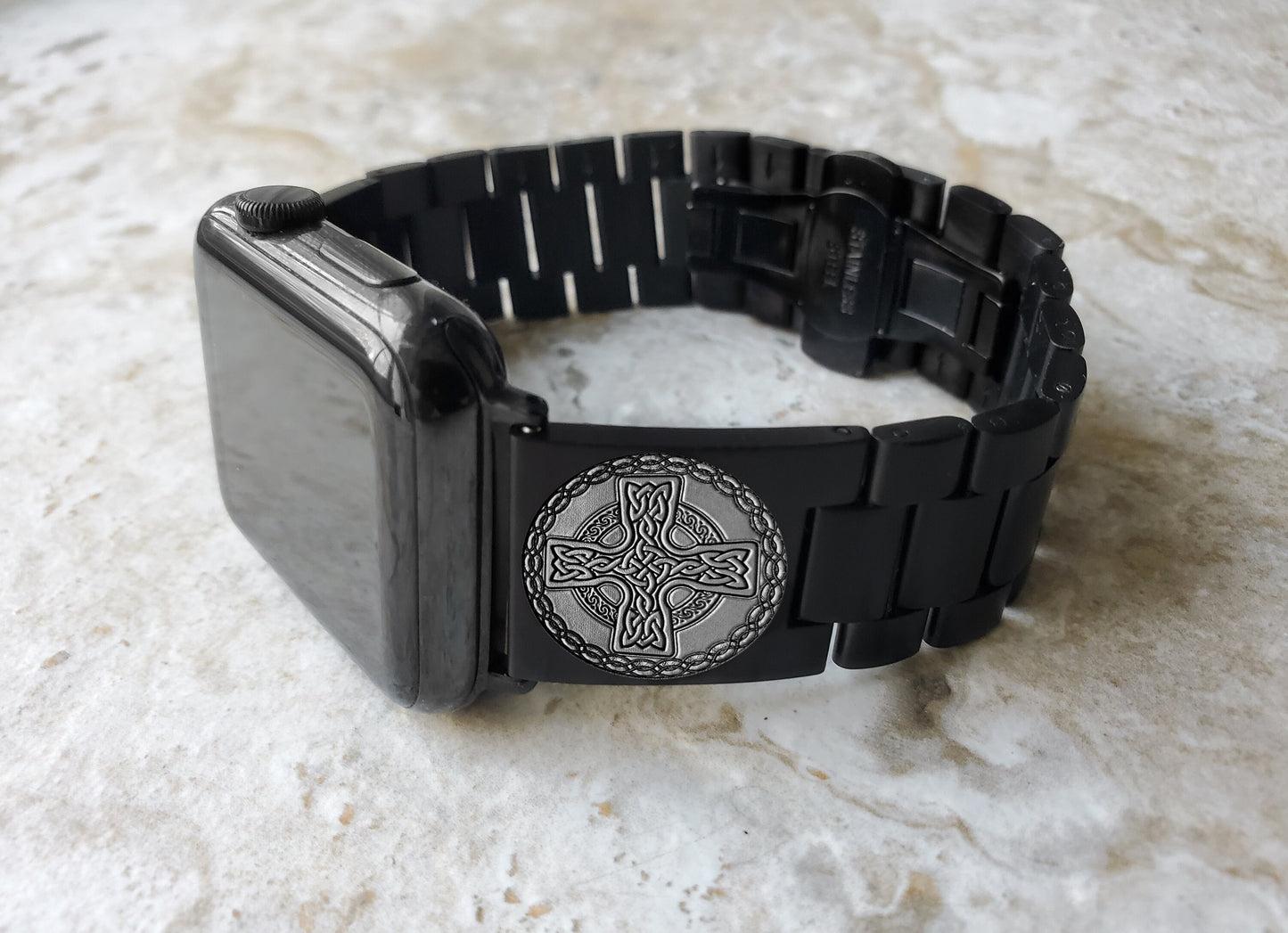 Engraved Watch Band Compatible with Apple iWatch Ultra 2 49mm and 9 8 Series 41mm 45mm Case Black Stainless Steel Tooled Bracelet Strap CC2