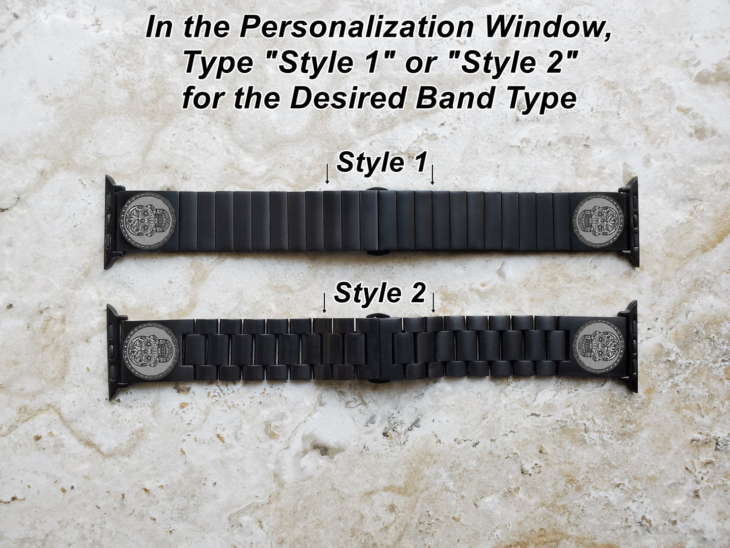 Engraved Watch Band Compatible for Apple Fitbit Samsung Garmin Smartwatches and 22mm Traditional Watches Black Stainless Steel Strap SS2