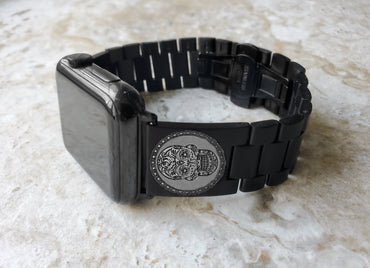 Engraved Watch Band Compatible for Apple Fitbit Samsung Garmin Smartwatches and 22mm Traditional Watches Black Stainless Steel Strap SS2