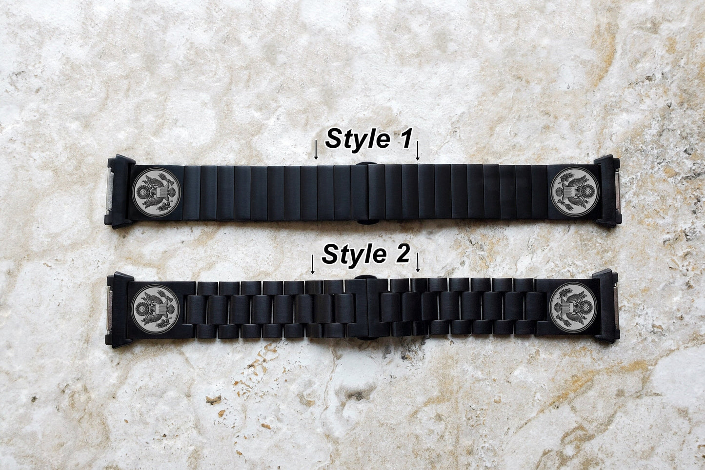 Engraved Watch Band Compatible with Fitbit Ionic Smartwatches Black Color Stainless Steel Strap Bracelet with Quick Release Adapters AS1