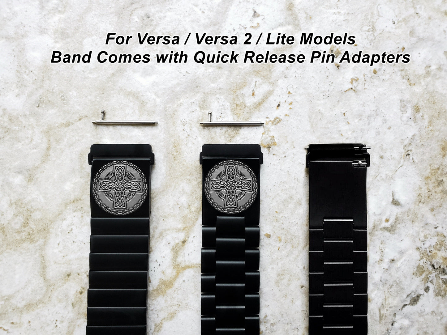 Engraved Watch Band Compatible with Fitbit Versa Lite 2 3 4 and Sense 2 Smartwatches Black Color Stainless Steel Strap Bracelet CC2
