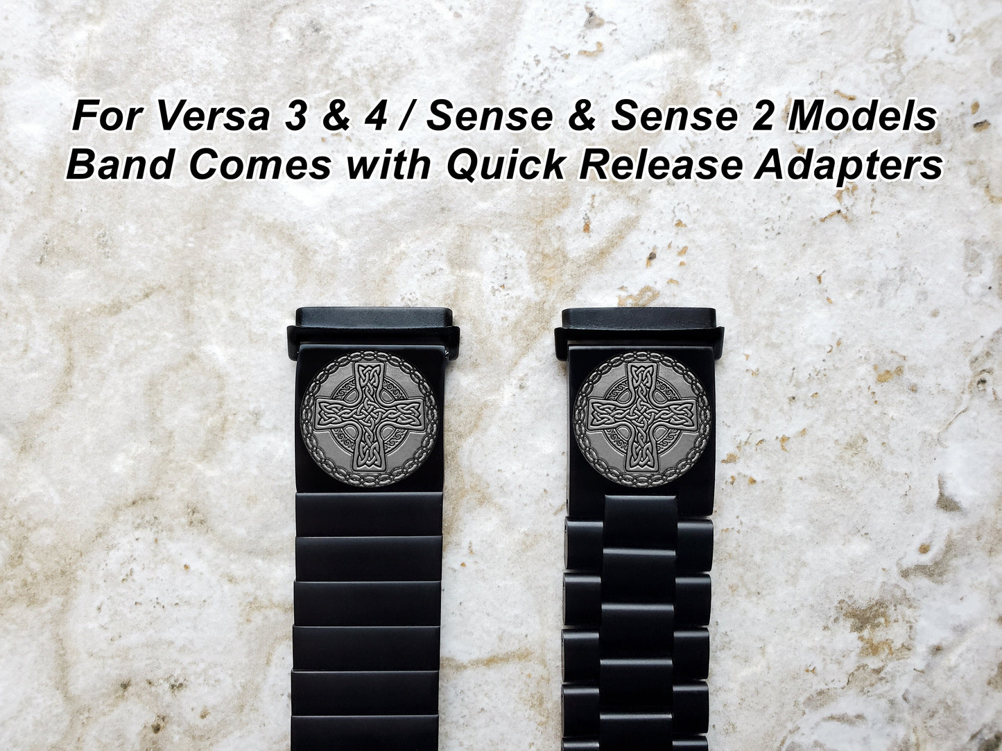 Engraved Watch Band Compatible with Fitbit Versa Lite 2 3 4 and Sense 2 Smartwatches Black Color Stainless Steel Strap Bracelet CC2