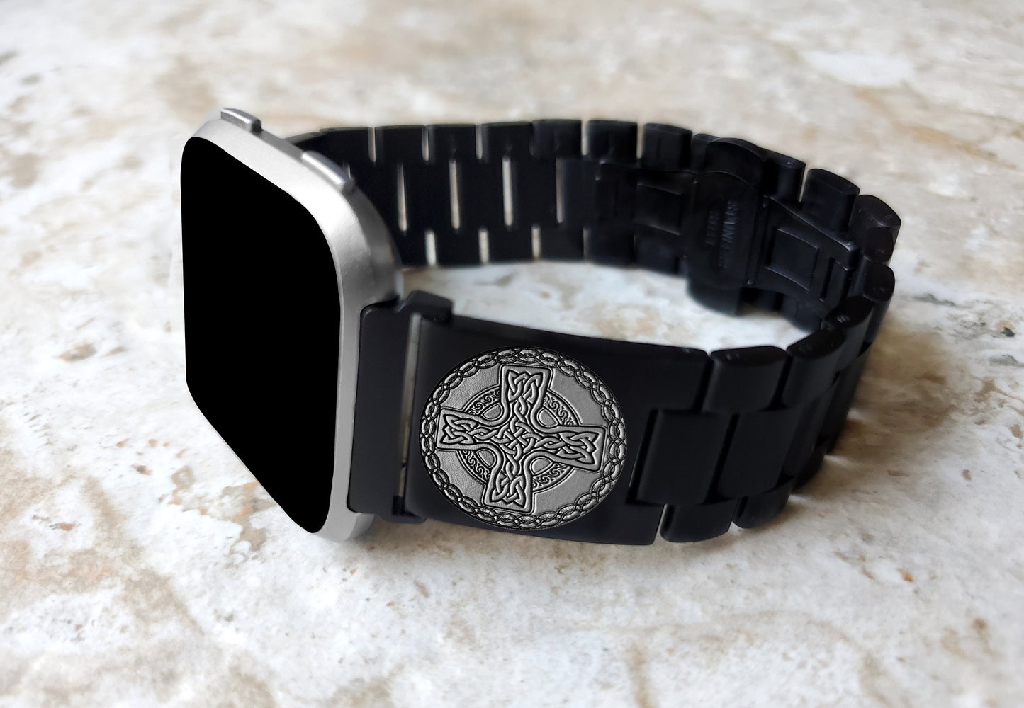 Engraved Watch Band Compatible with Fitbit Versa Lite 2 3 4 and Sense 2 Smartwatches Black Color Stainless Steel Strap Bracelet CC2