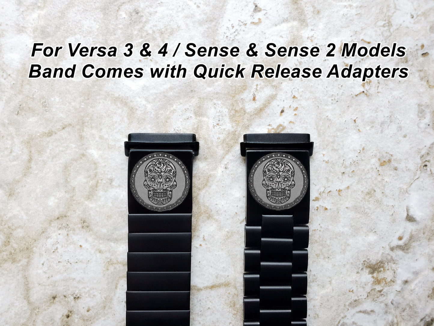 Engraved Watch Band Compatible with Fitbit Versa Lite 2 3 4 and Sense 2 Smartwatches Black Color Stainless Steel Strap Bracelet SS2